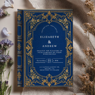 Invitation Mariage élégant de conte de fées royal bleu et or