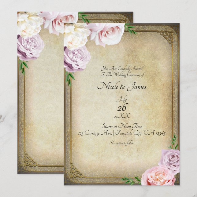 Invitation Mariage Élégant de Floral de Végétal de Livre Anci (Devant / Derrière)