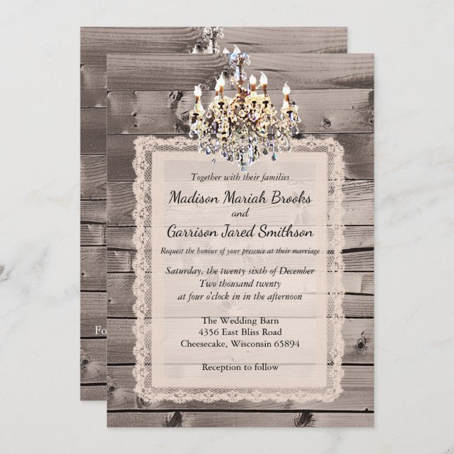 Invitation Mariage élégant de grange avec la dentelle et le (Devant / Derrière)