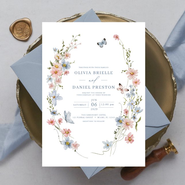Invitation Mariage élégant de jardin bleu foncé rose rose (Créateur téléchargé)