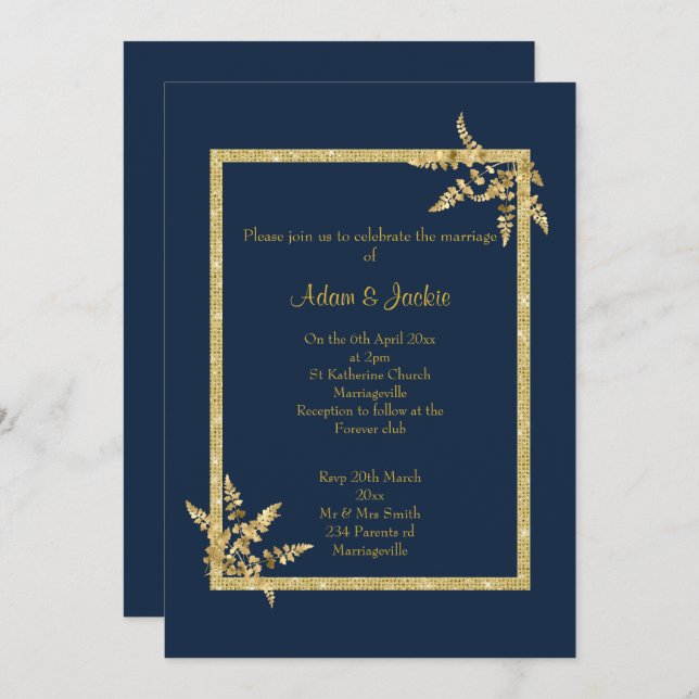INVITATION MARIAGE ÉLÉGANT DE LA FEUILLE D'OR DE LA MARINE (Devant / Derrière)