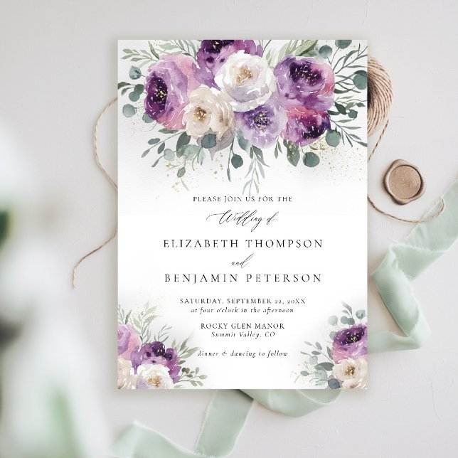 Invitation Mariage élégant de l'Eucalyptus Floral d'ivoire vi (rustic purple wedding invitation watercolor elegant floral eucalyptus lavender mauve barn ranch)