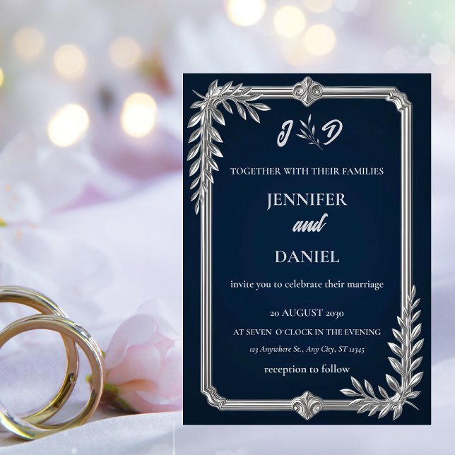 Invitation Mariage Élégant de Luxe Bleu Nuit et Argent (Créateur téléchargé)