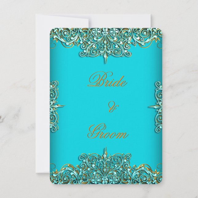 Invitation Mariage élégant de luxe orné bleu sarcelle or (Devant)