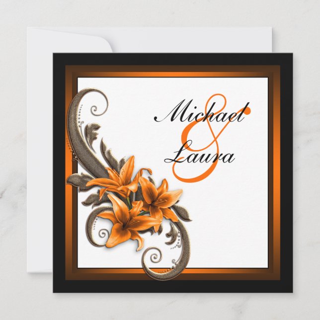 Invitation Mariage élégant de lys asiatiques noirs et orange (Devant)