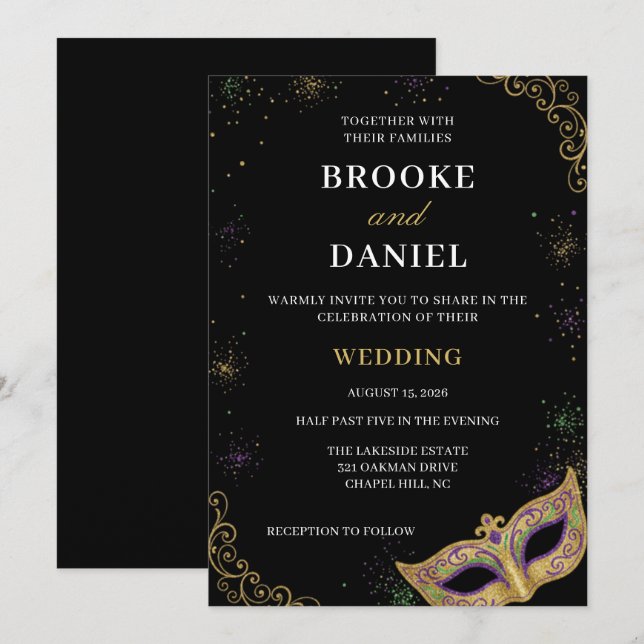Invitation Mariage élégant de Mardi Gras violet et or (Devant / Derrière)