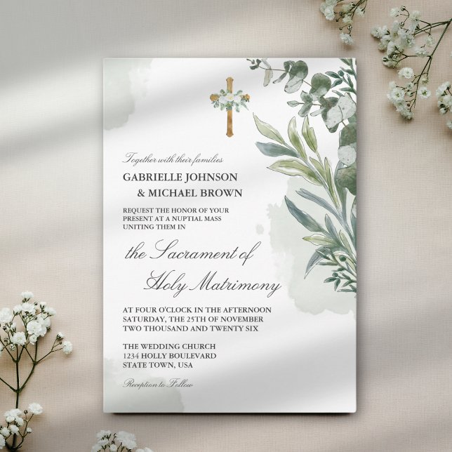 Invitation Mariage Élégant de Masse Nuptiale Fleurie de Vert  (Créateur téléchargé)