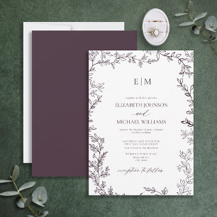 Invitation Mariage Élégant de monogramme à feuilles minimales
