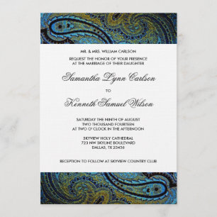 Invitation Mariage élégant de Paisley de paon de bleu royal