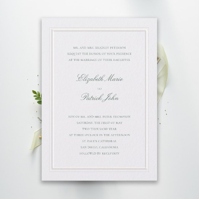 Invitation Mariage Élégant de Perle Verte Classique Moderne F (modern classic wedding invitation forest green type double frame pearl formal traditional stately)