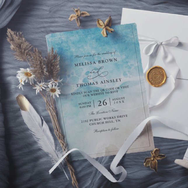 Invitation Mariage élégant de plage à l'aquarelle Code QR Bud (Créateur téléchargé)