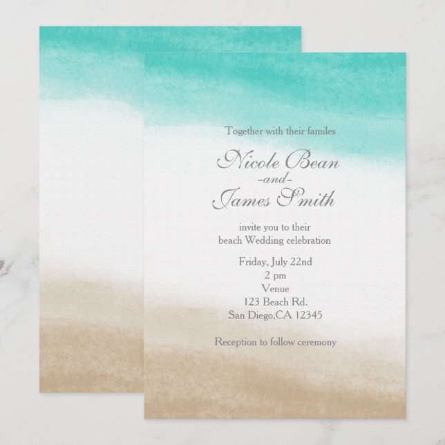 Invitation Mariage élégant de plage à l'aquarelle sarcelle et (Devant / Derrière)