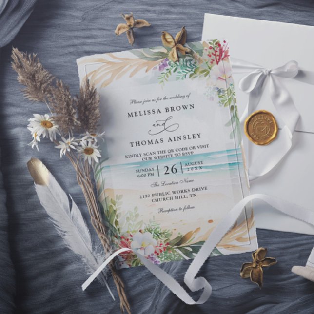 Invitation Mariage élégant de plage florale à l'aquarelle ave (Créateur téléchargé)