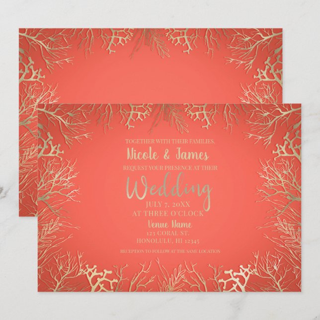 Invitation Mariage Élégant de Plage Orange Corail Doré Modern (Devant / Derrière)