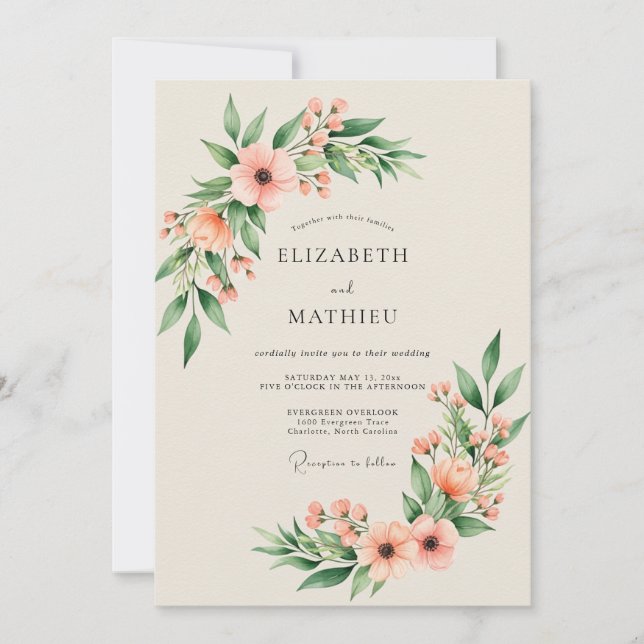 Invitation Mariage Élégant de Printemps aux Pêches (Devant)