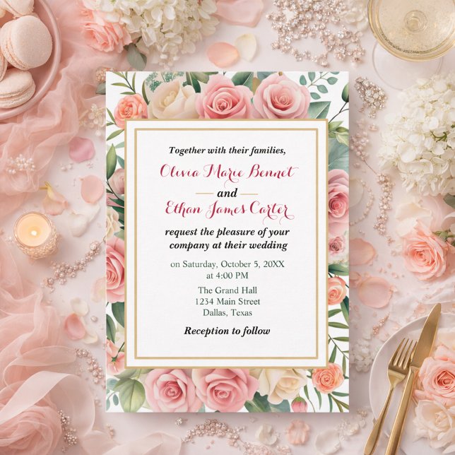 Invitation Mariage élégant de printemps Fleurs roses Cadre do (Créateur téléchargé)