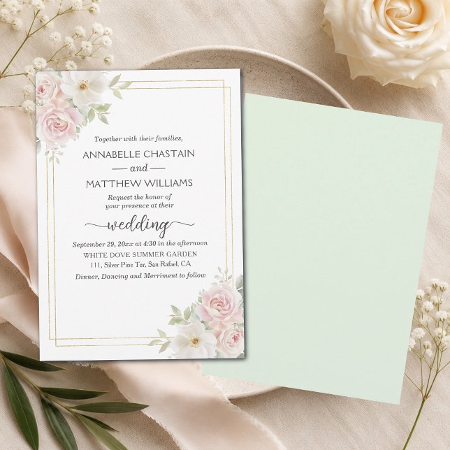 Invitation Mariage élégant de roses blush douces avec cadre d (Créateur téléchargé)