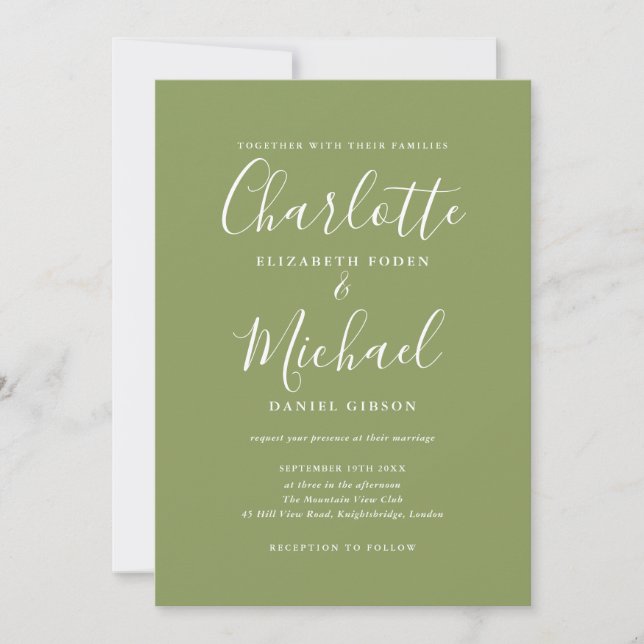 Invitation Mariage élégant de signature de vert de mousse (Devant)