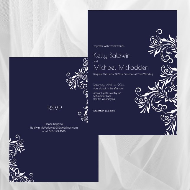 Invitation Mariage Élégant de Style Bleu Marine et Blanc (Navy and White Elegant Style Wedding Invitation)