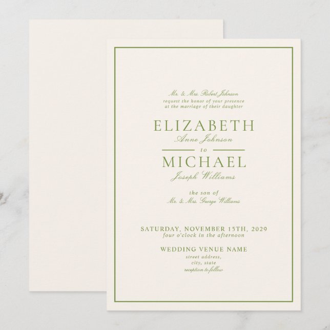 Invitation Mariage élégant de style classique vert de printem (Devant / Derrière)