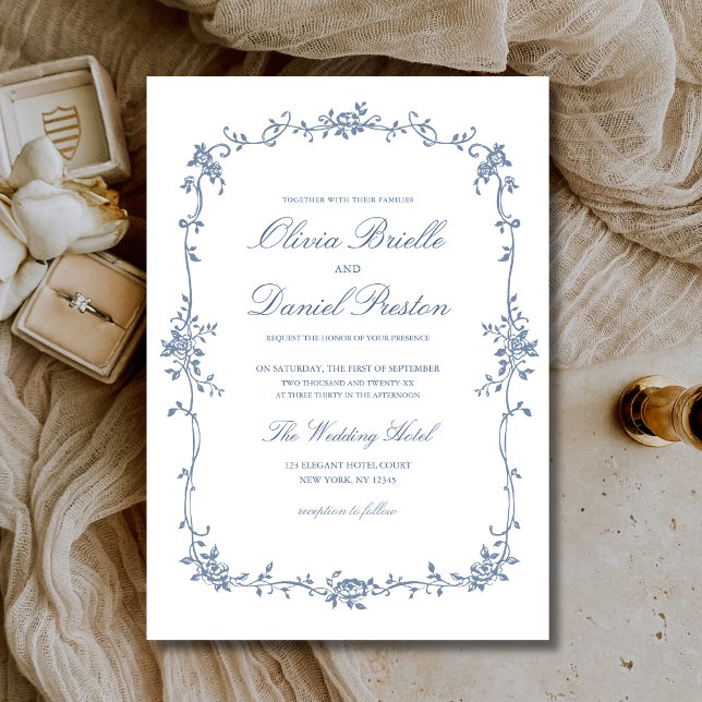 Invitation Mariage élégant de style victorien Bleu Floral (Créateur téléchargé)