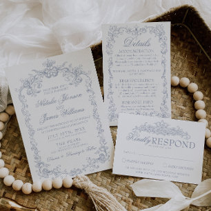 Invitation Mariage élégant de style vintage poussiéreux bleu