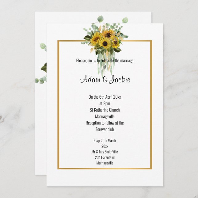 INVITATION MARIAGE ÉLÉGANT DE SUNFLOWER EUCALYPTUS GOLD TRIM (Devant / Derrière)