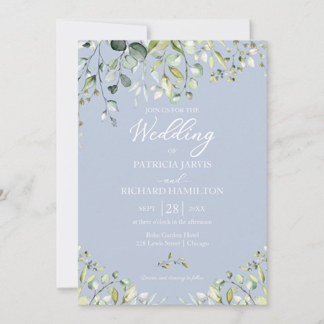 Invitation Mariage Élégant de Verdure d'Eucalyptus Bleu Pouss (Devant)