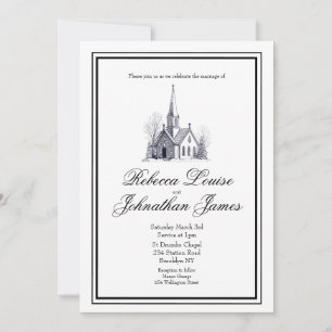 Invitation Mariage élégant d'église de script noir blanc