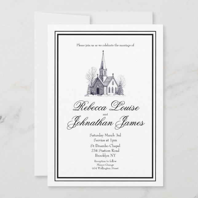 Invitation Mariage élégant d'église de script noir blanc (Devant)