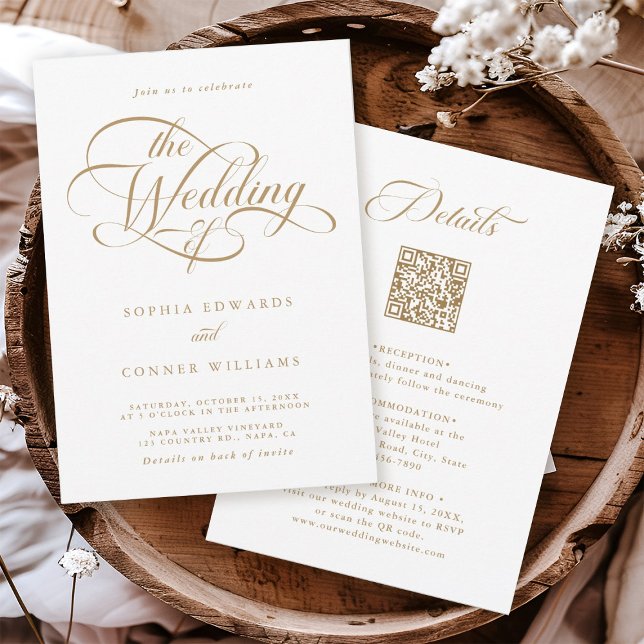 Invitation Mariage élégant Delicate Or & Blanc Tout en un (Front & Back)