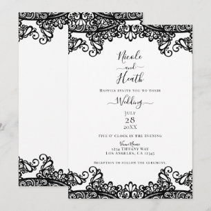 Invitation Mariage Élégant Dentelle Blanche & Noire