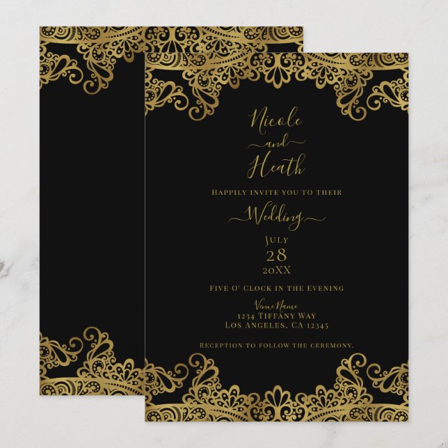 Invitation Mariage Élégant Dentelle Noir et Or (Devant / Derrière)