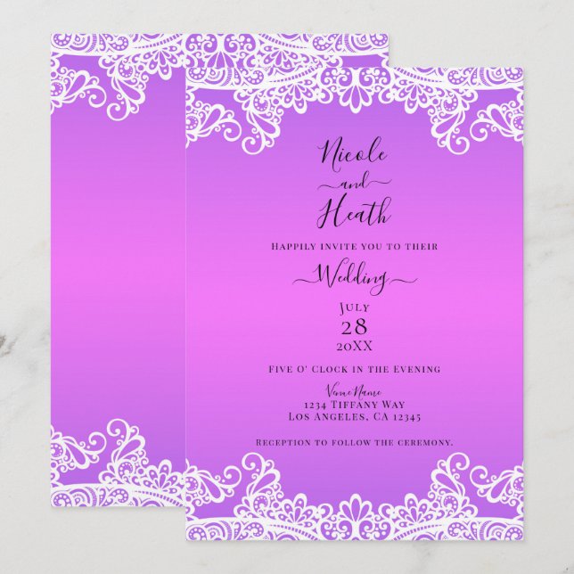 Invitation Mariage Élégant Dentelle Rose Violet & Blanc (Devant / Derrière)