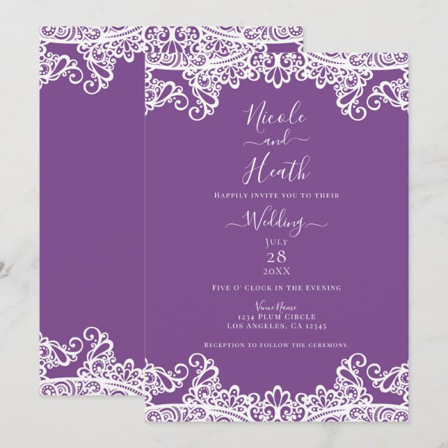 Invitation Mariage Élégant Dentelle Violette et Blanche (Devant / Derrière)