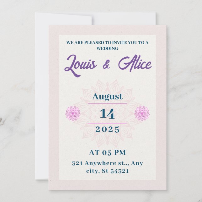 Invitation mariage élégant design beige rose, fleurs roses (Devant)