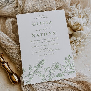 Invitation Mariage Élégant Dessin au Trait Vert Sauge