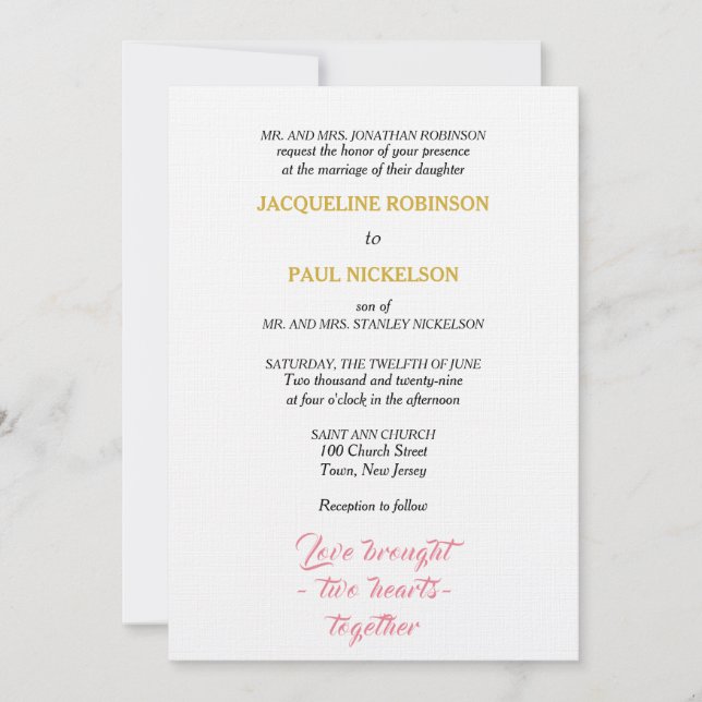 Invitation Mariage Élégant Deux Cœurs Rose Or (Devant)