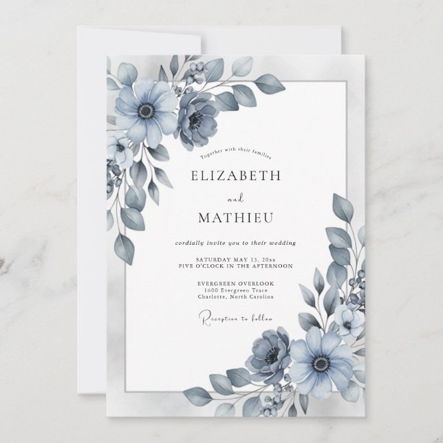 Invitation Mariage élégant d'hiver bleu poussiéreux (Devant)