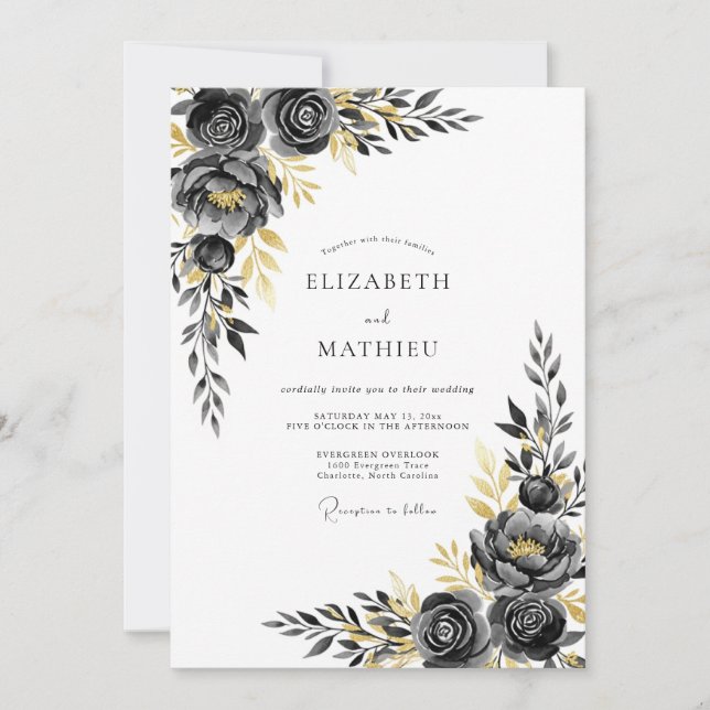 Invitation Mariage élégant d'hiver doré au charbon de bois (Devant)
