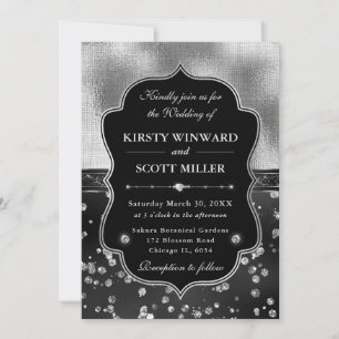 Invitation Mariage Élégant Diamants Noir & Argent