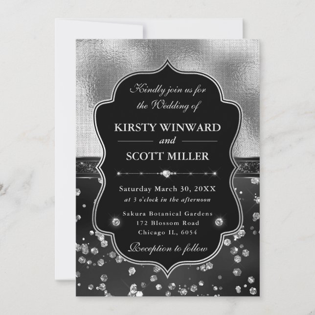 Invitation Mariage Élégant Diamants Noir & Argent (Devant)