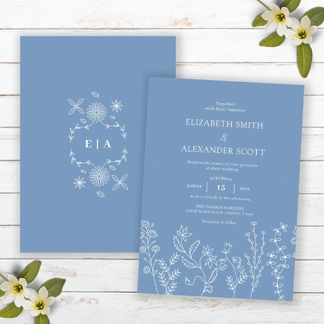 Invitation Mariage Élégant Doodle Fleur Sauvage Pervenche (Front and Back)