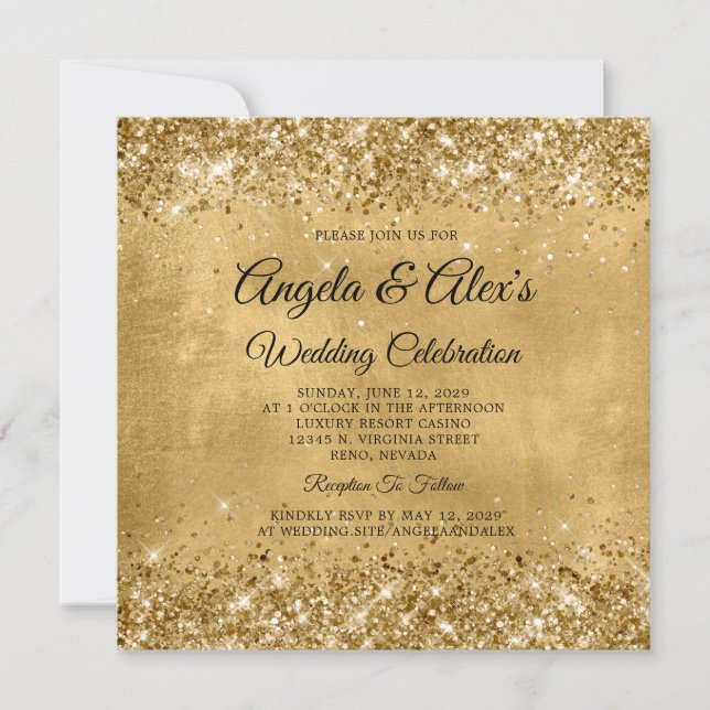 Invitation Mariage Élégant Doré Pailleté (Devant)