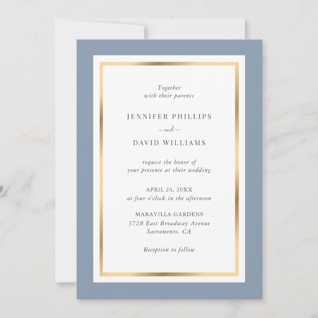 Invitation Mariage élégant Dusty Bleu et Or (Devant)