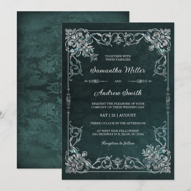 Invitation Mariage élégant émeraude et diamant (Devant / Derrière)