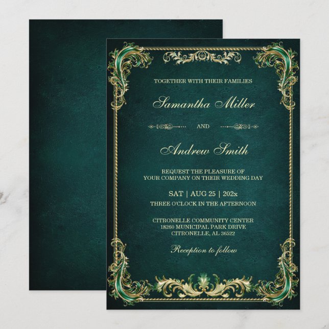 Invitation Mariage élégant émeraude et or (Devant / Derrière)