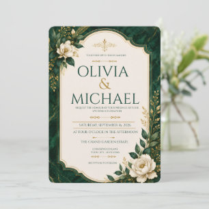 Invitation Mariage Élégant Émeraude Vert Or Floral Marbre