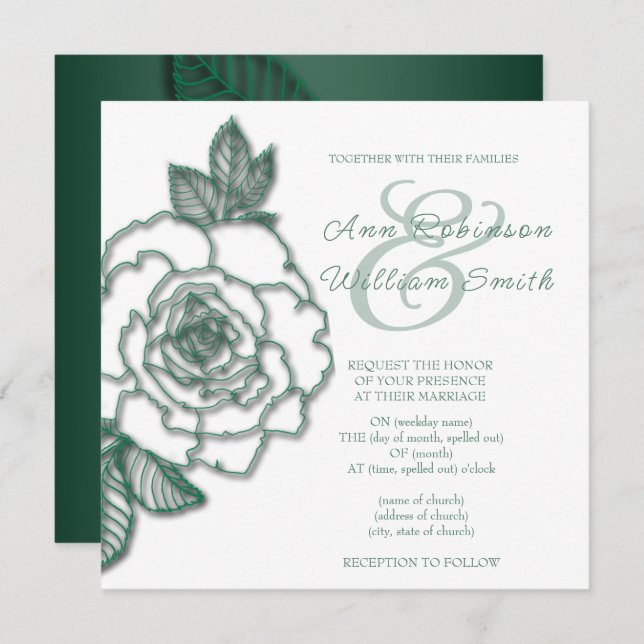 Invitation Mariage élégant en argent vert émeraude (Devant / Derrière)