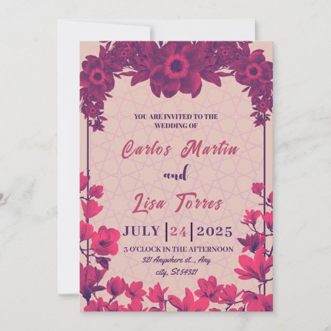 Invitation Mariage élégant en beige, fleurs roses (Devant)